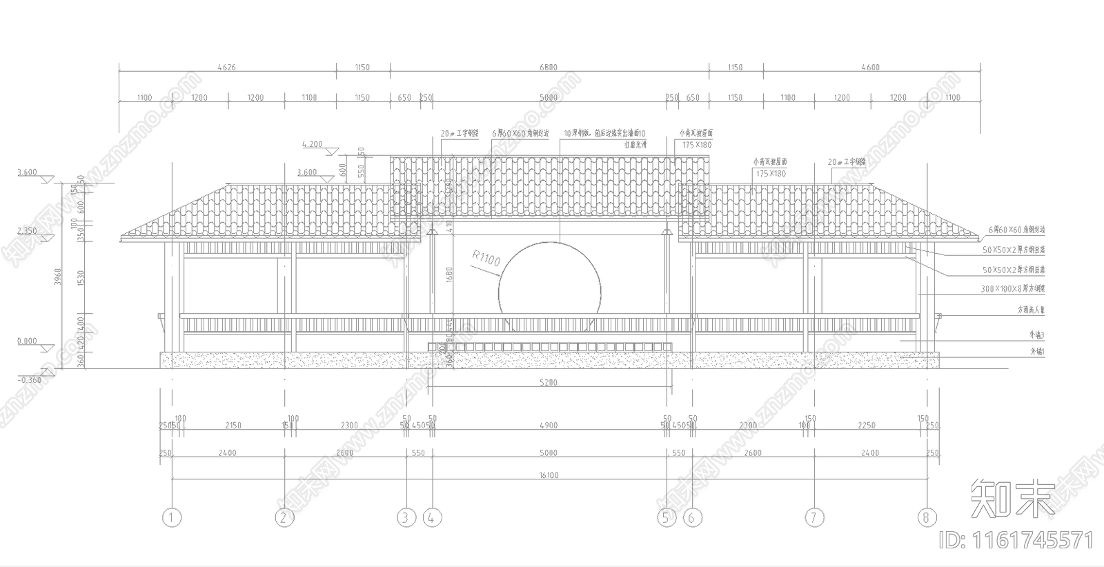 新中式廊洞双坡屋面廊架cad施工图下载【ID:1161745571】