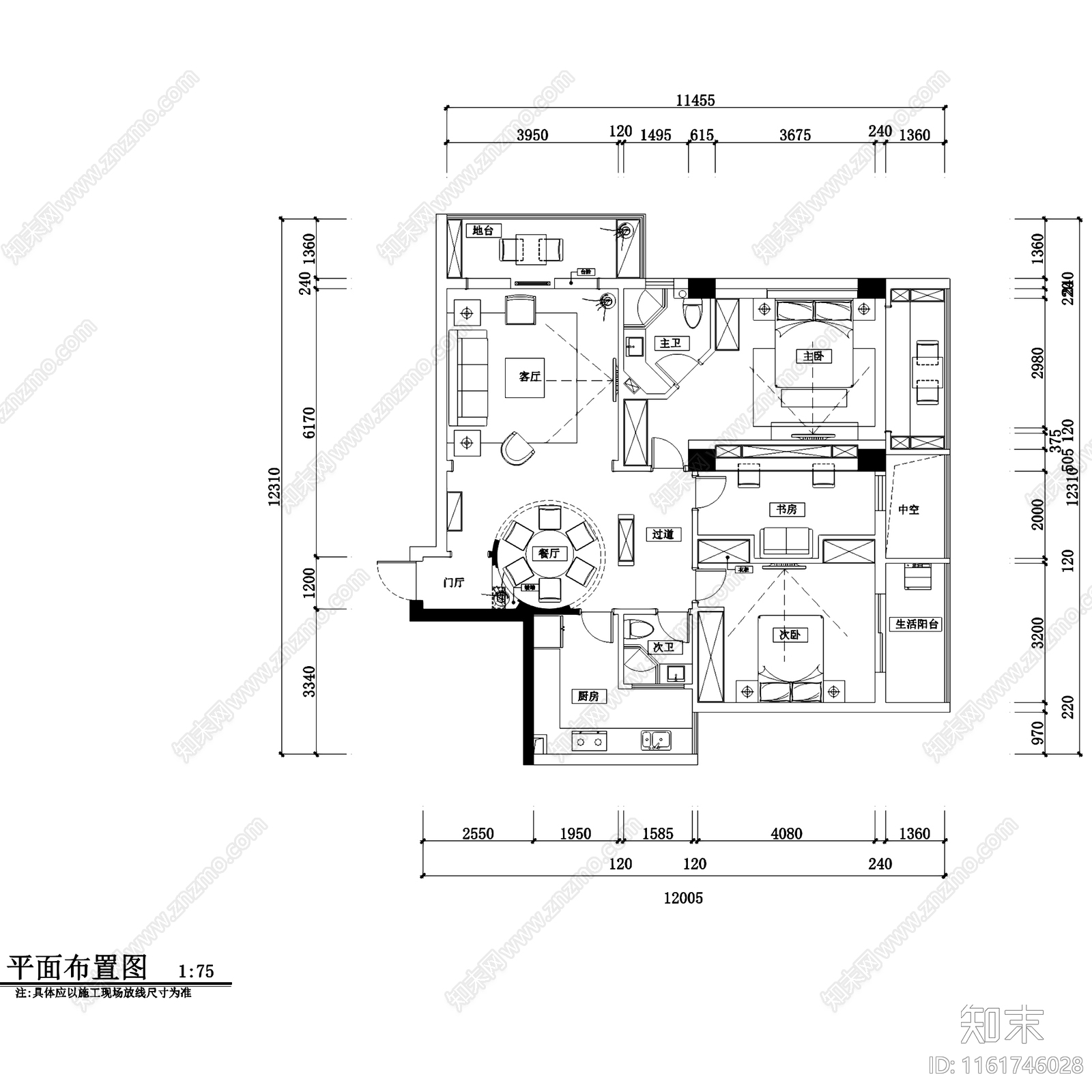 新中式三室两厅两卫室内家装cad施工图下载【ID:1161746028】