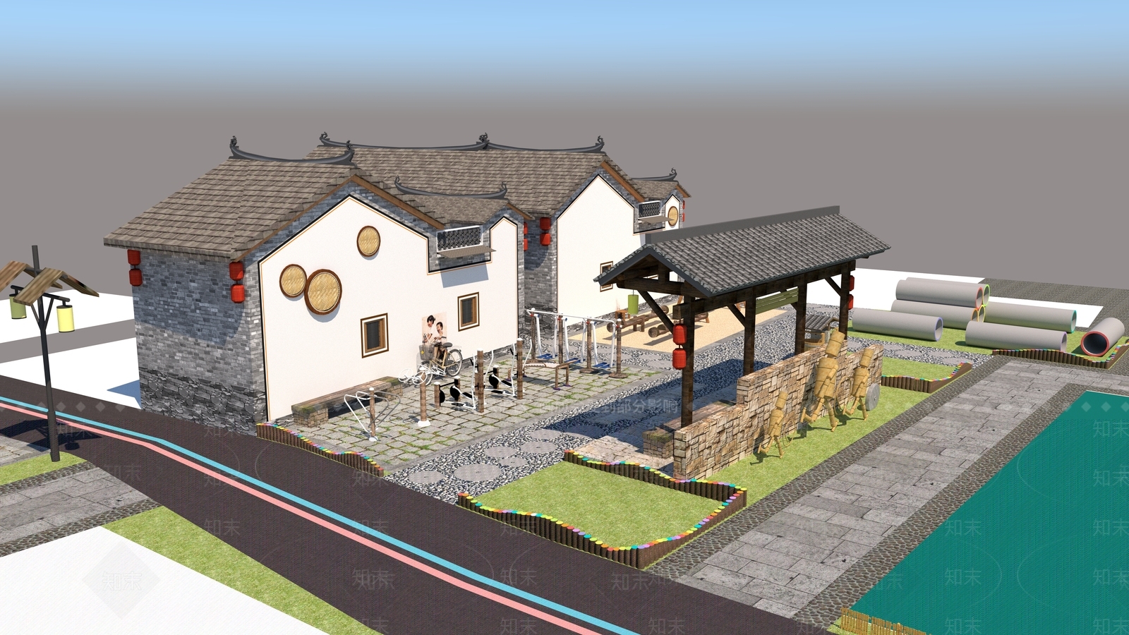 美丽乡村廊架旧改套方案必备SU模型下载【ID:1161986081】