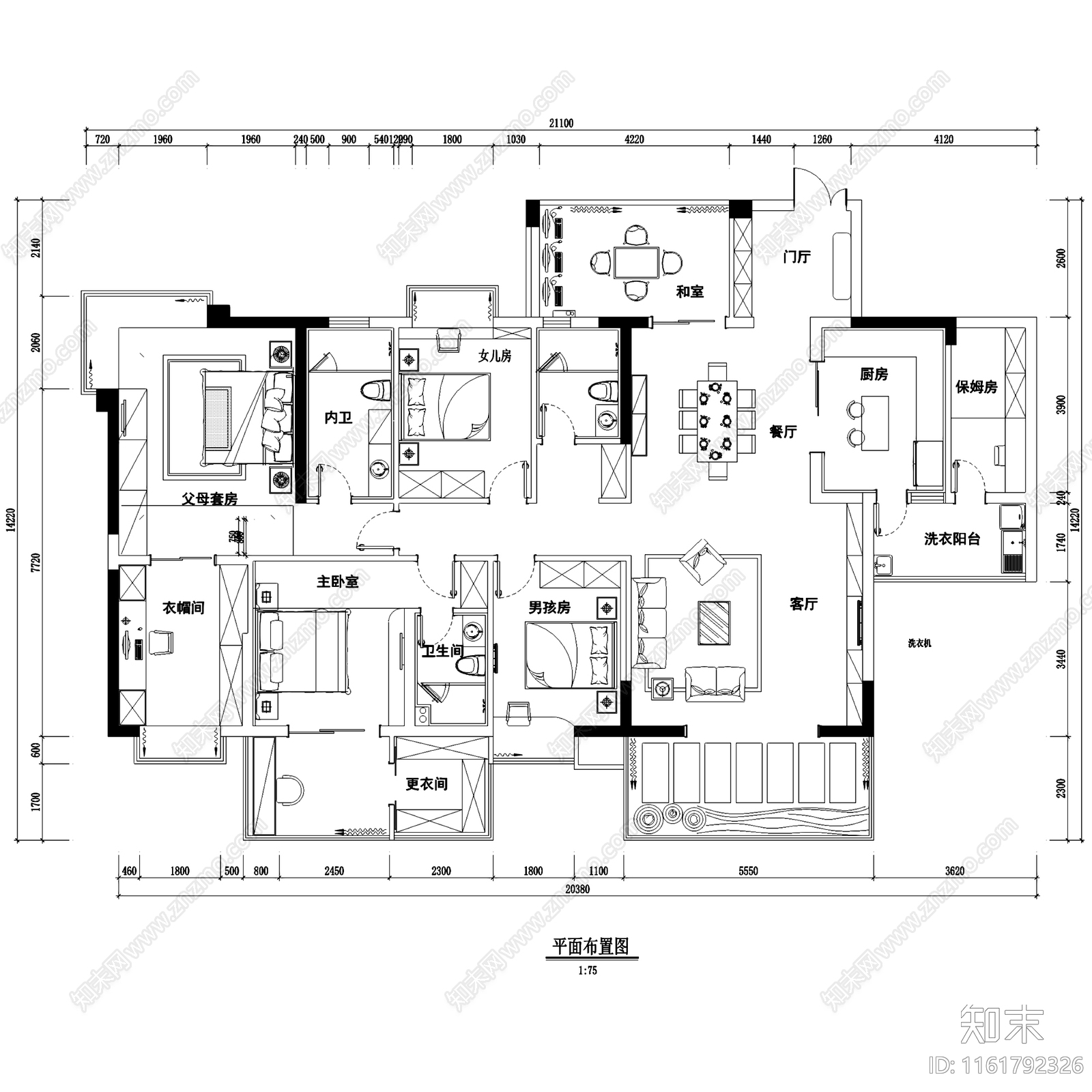 中式日式五室两厅三卫大平层室内家装cad施工图下载【ID:1161792326】