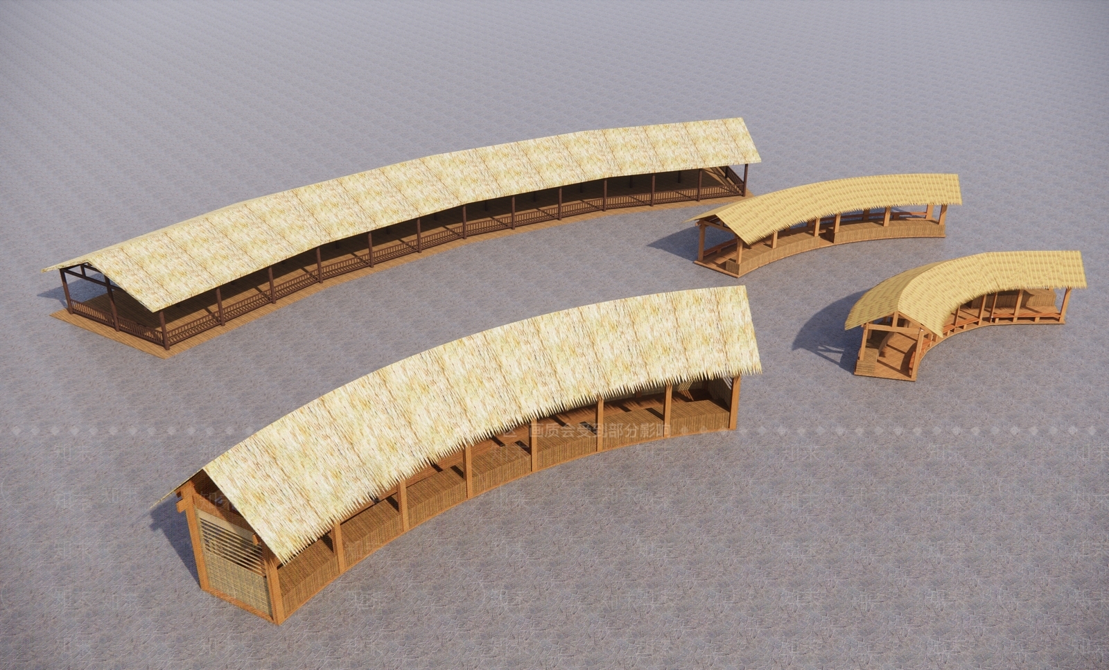 新中式弧形茅草廊架SU模型下载【ID:1161794863】