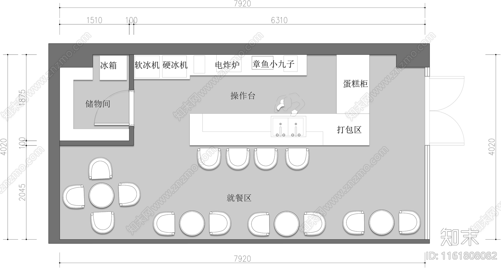 炸鸡店冰沙果饮店甜品咖啡店平面施工图下载【ID:1161808082】