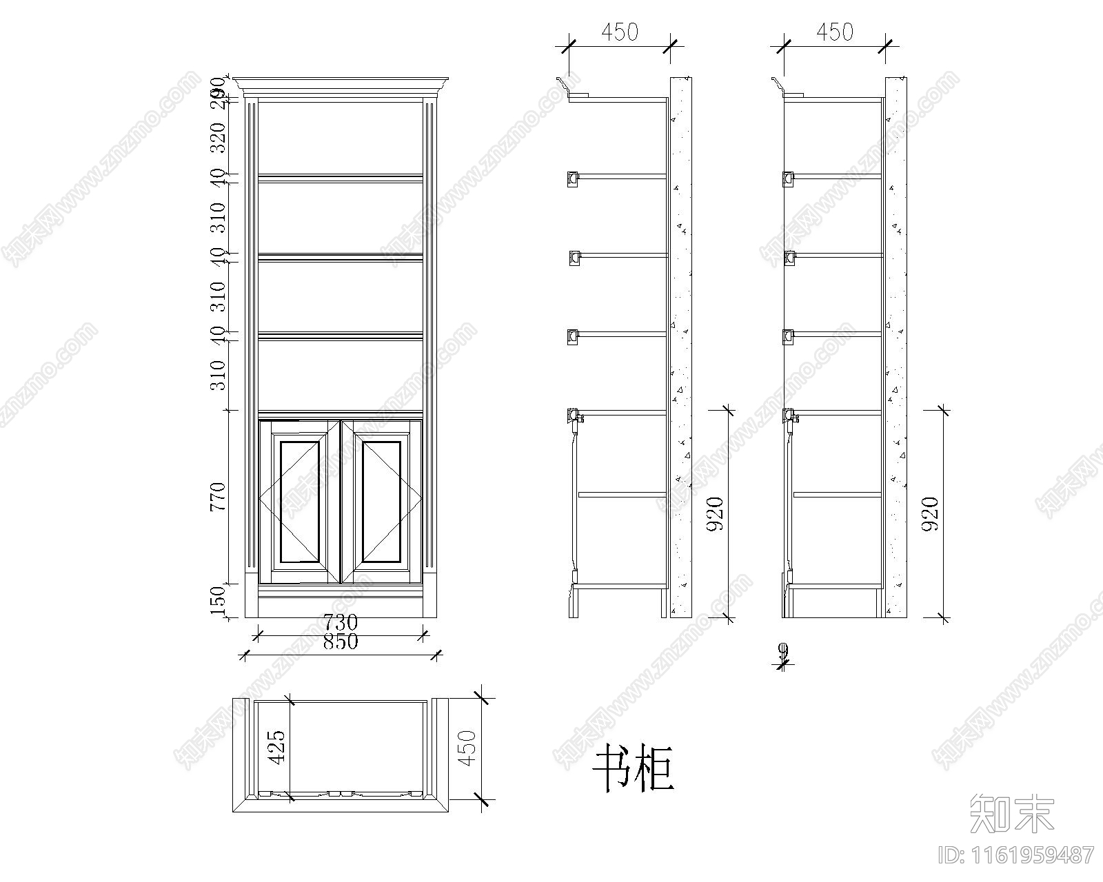 橡木书柜大样图cad施工图下载【ID:1161959487】