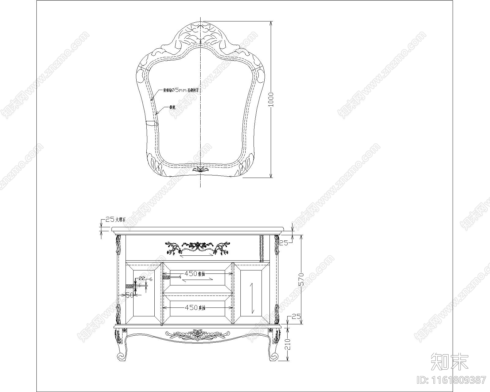 美式兽脚双门双抽浴室柜施工图下载【ID:1161809387】