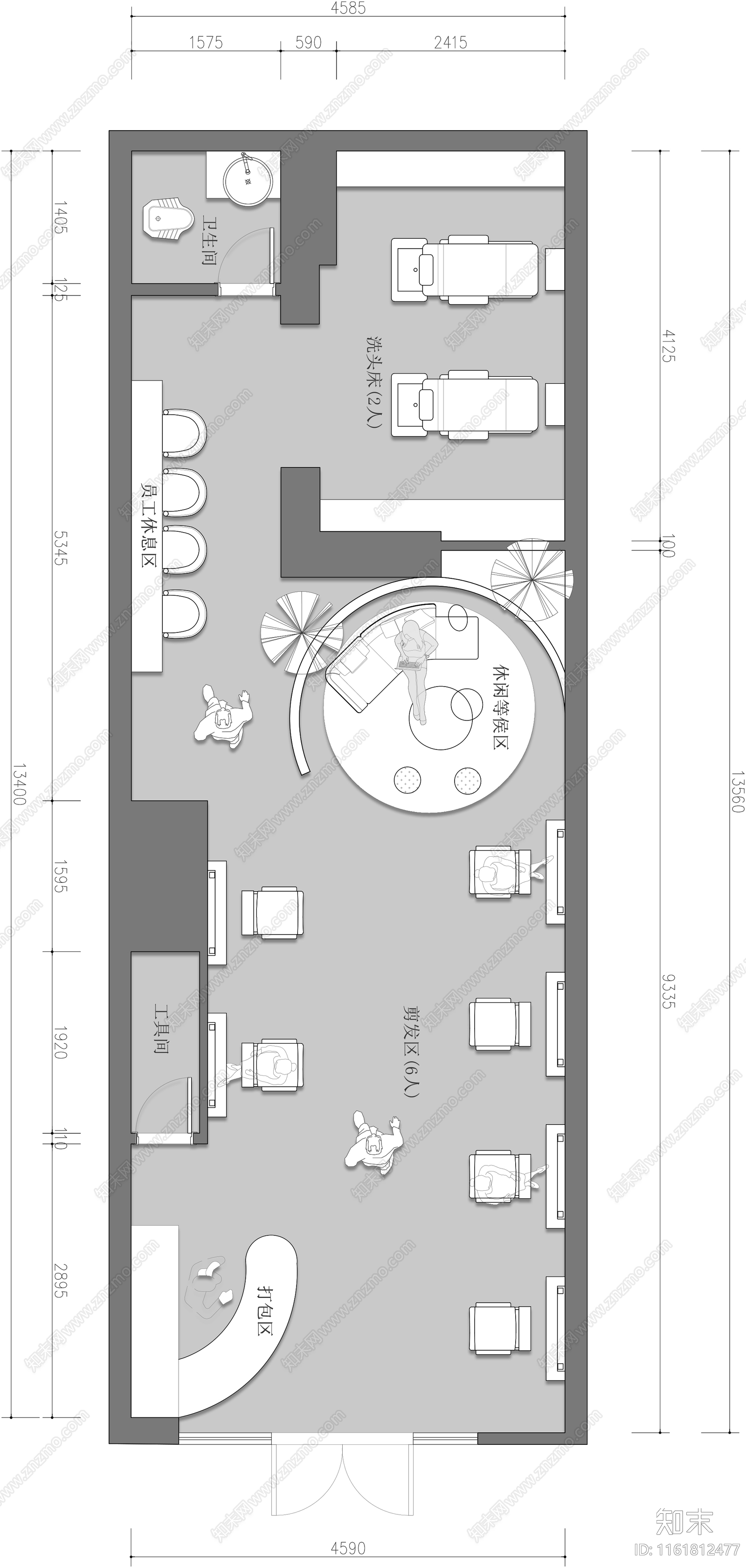 美发店沙龙理发店烫发形象设计平面施工图下载【ID:1161812477】