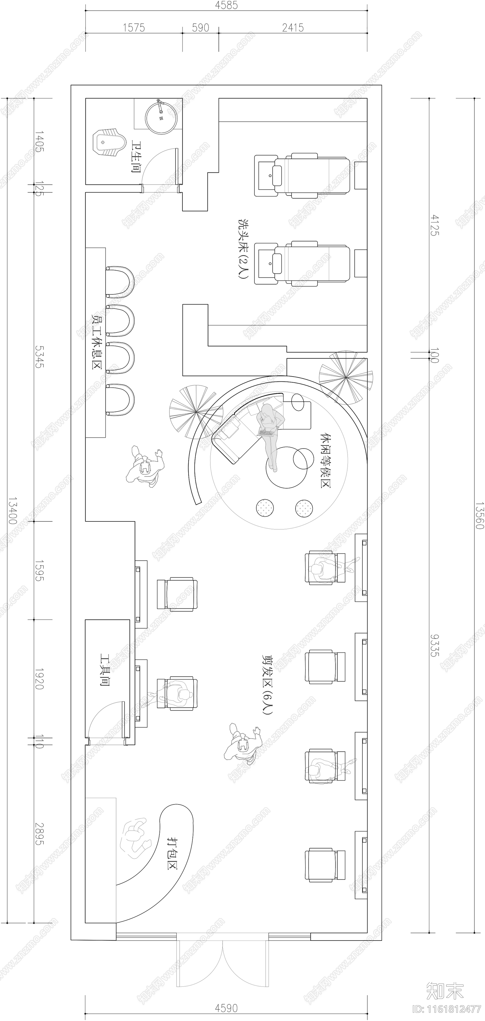 美发店沙龙理发店烫发形象设计平面施工图下载【ID:1161812477】