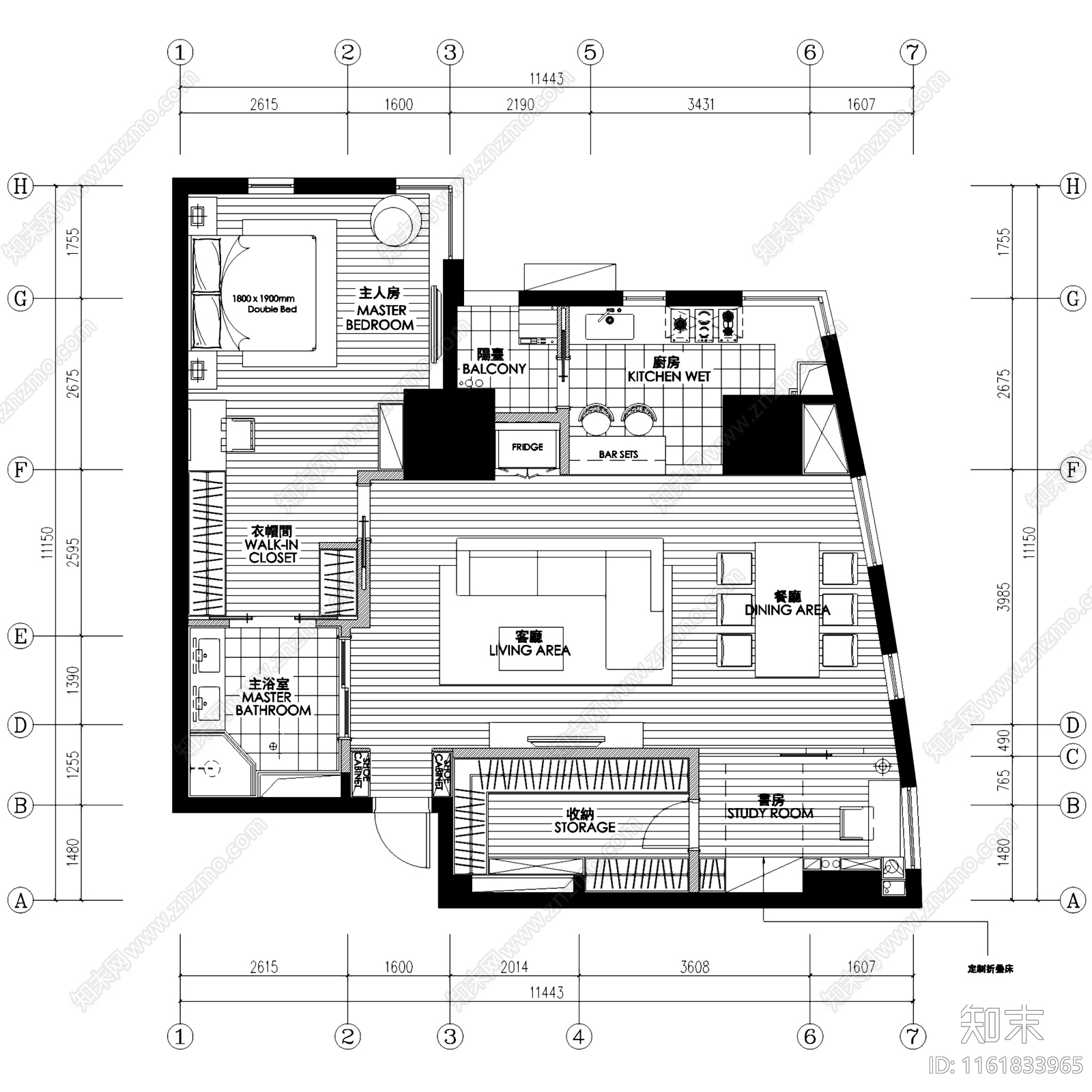 现代简约两室一厅一卫室内家装cad施工图下载【ID:1161833965】