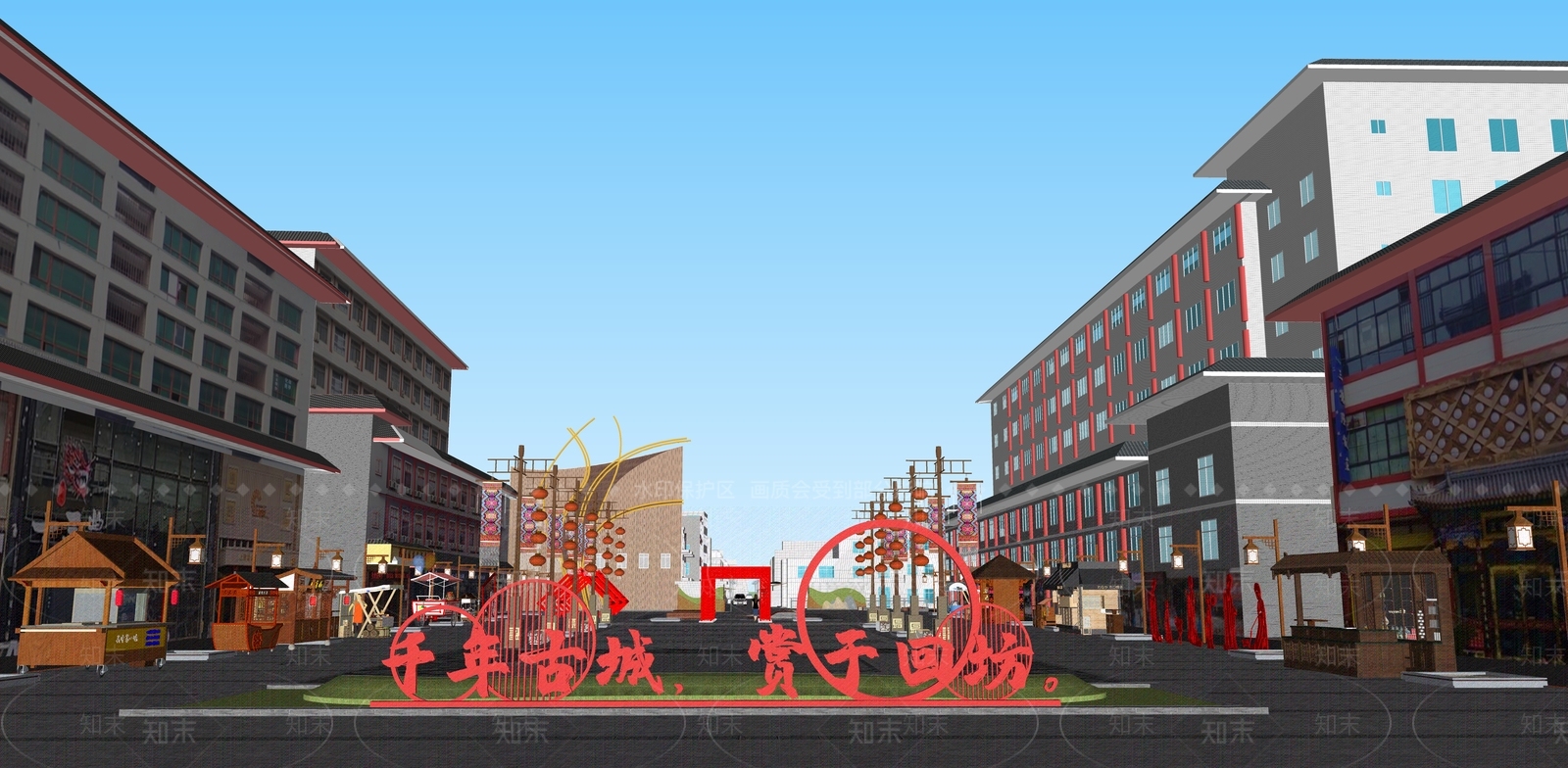 新中式步行街广场SU模型下载【ID:1161837920】