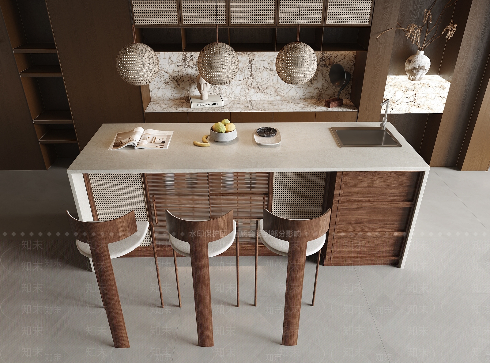 侘寂风吧台吧椅3D模型下载【ID:1161839697】