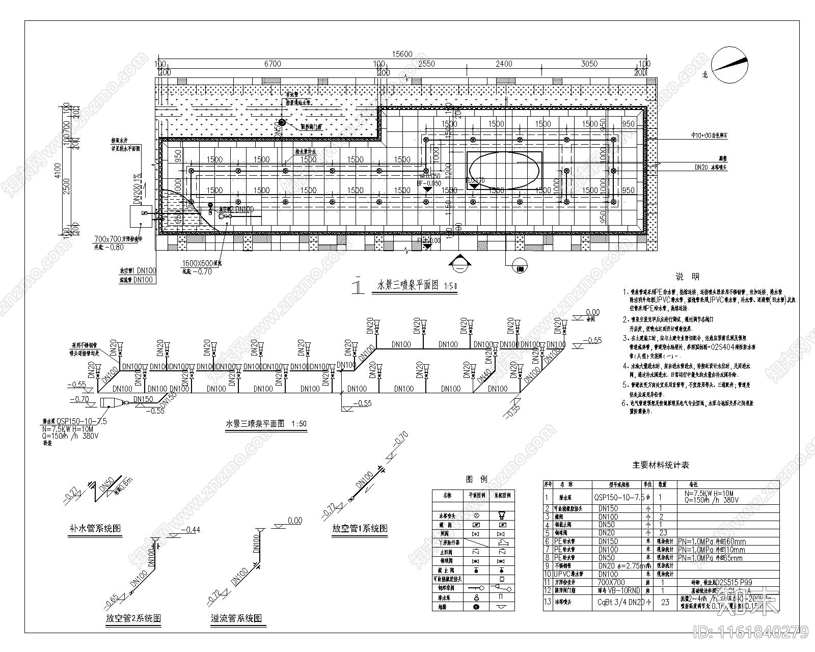 水景喷泉平面图立面图系统图主要材料表施工图下载【ID:1161840279】