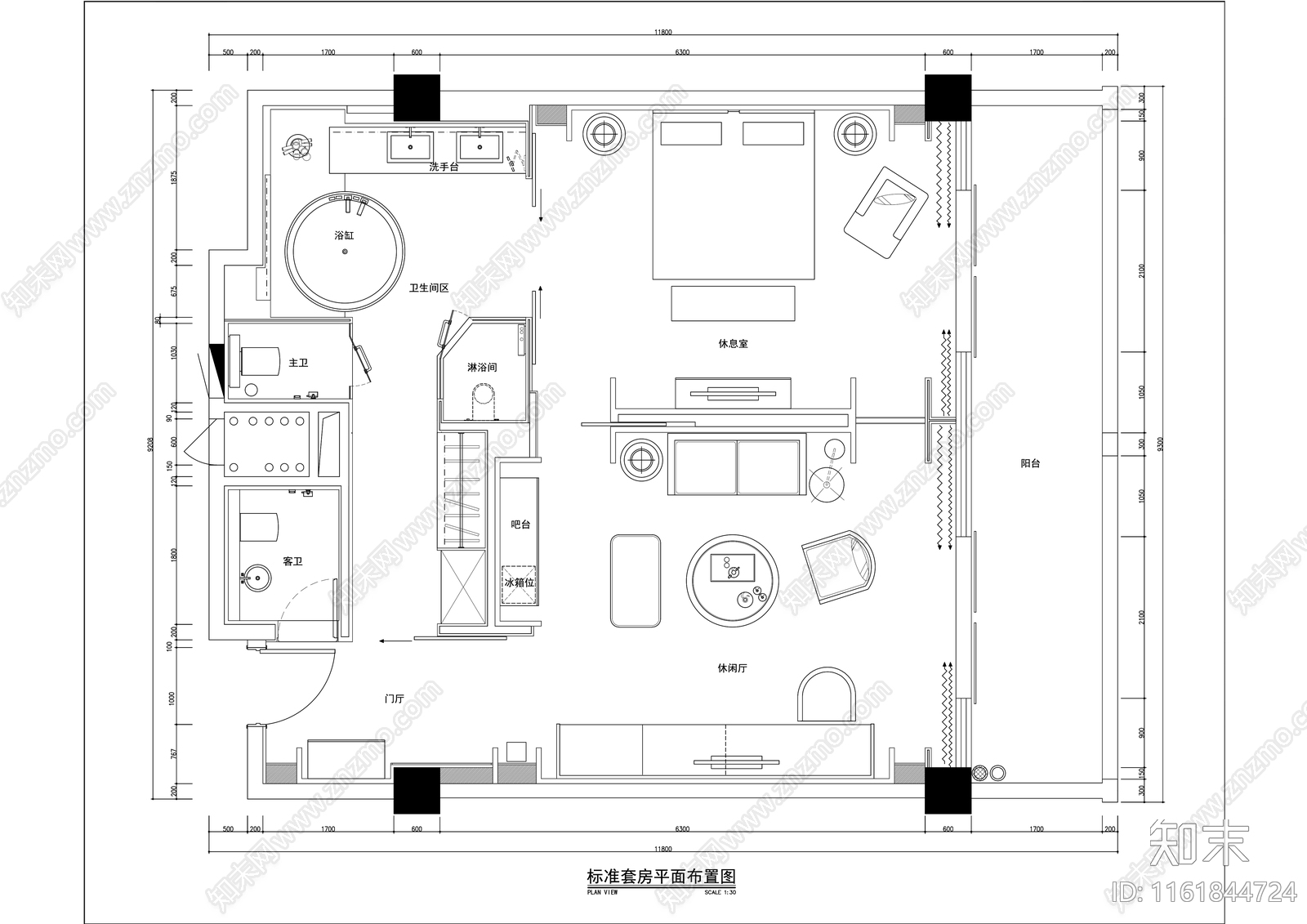 商务酒店标准家庭套房室内精装修施工图下载【ID:1161844724】