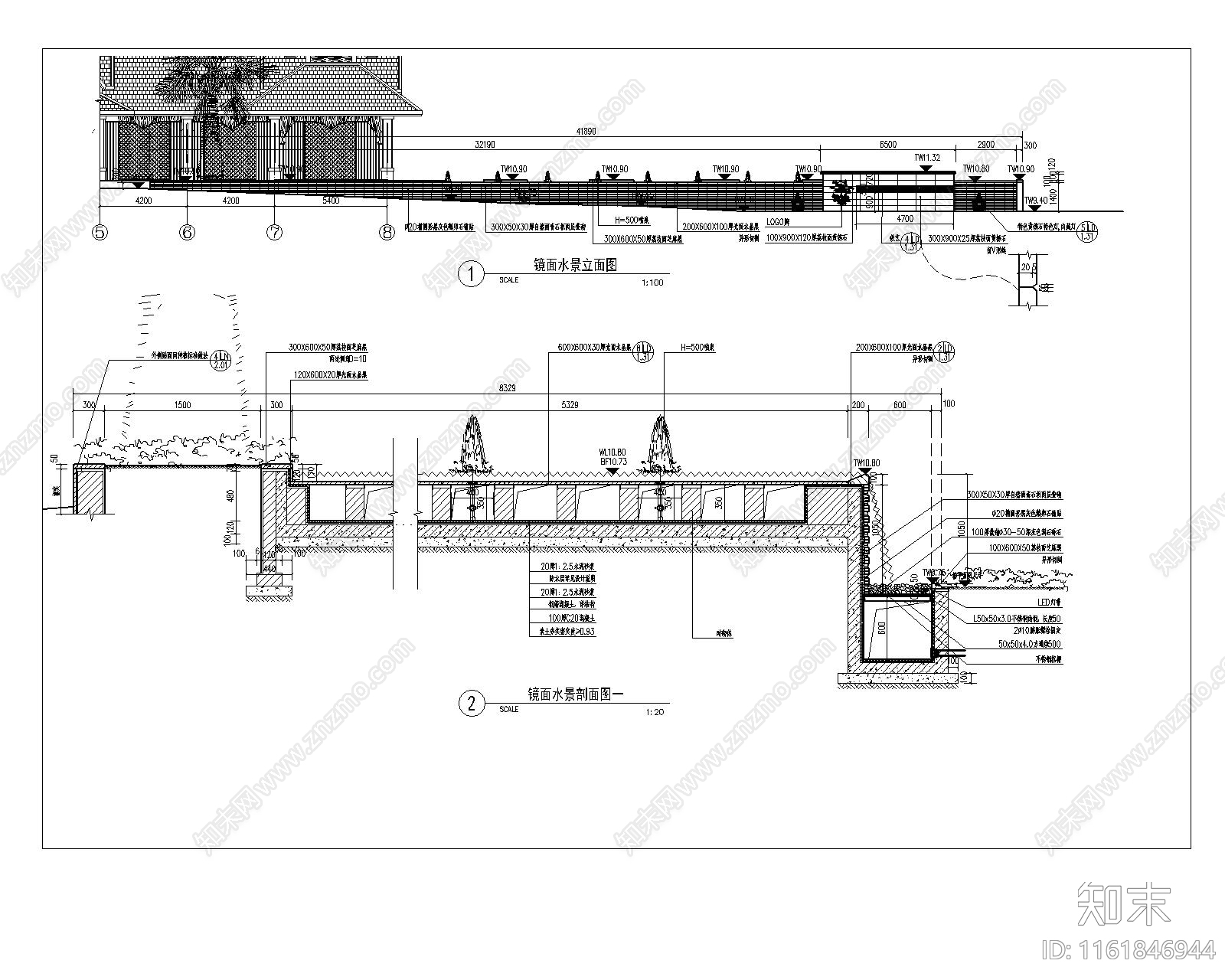 镜面水景跌水水景详图平面图剖面图立面图施工图下载【ID:1161846944】