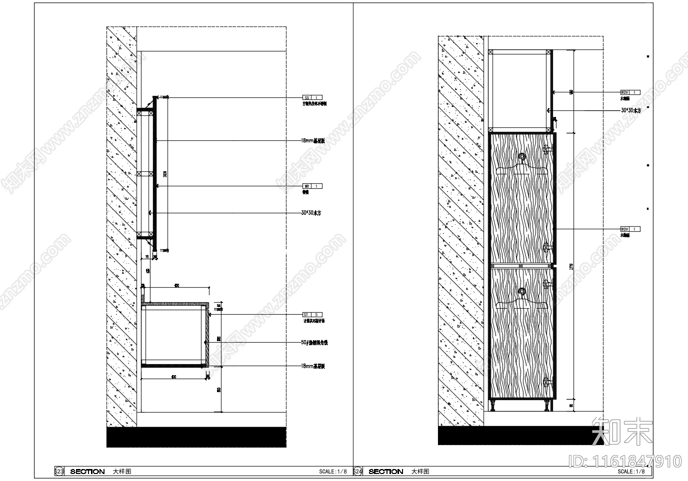 墙面及柜体节点图cad施工图下载【ID:1161847910】