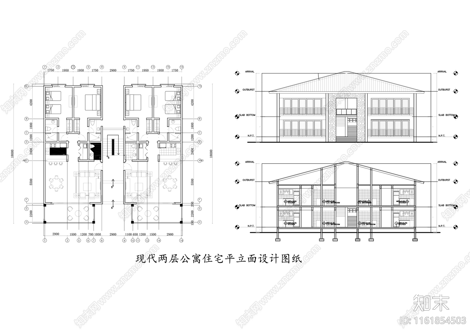 现代两层公寓住宅平立面设计图纸cad施工图下载【ID:1161854503】