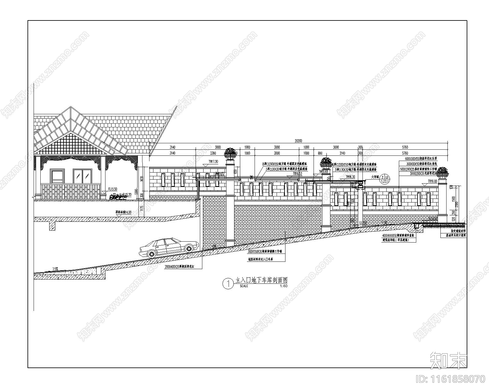 主入口车库入口平面图立面图剖面图施工图下载【ID:1161858070】