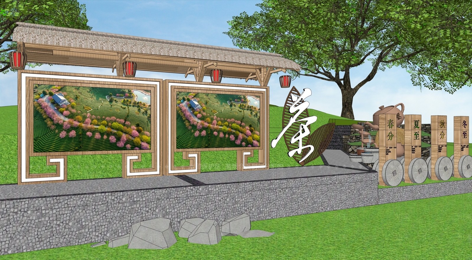 新中式茶文化公园宣传栏SU模型下载【ID:1161861001】