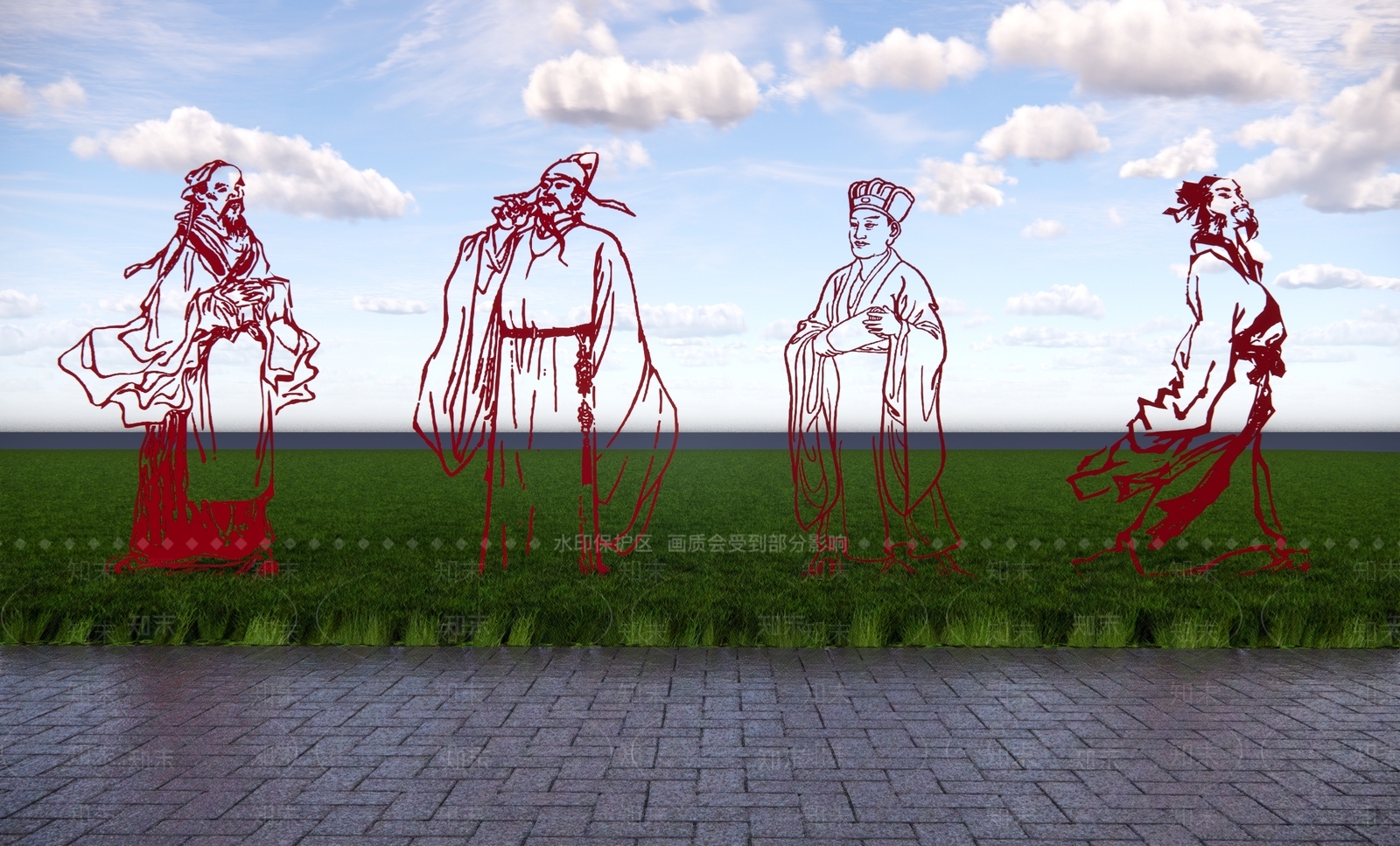 新中式古代人物雕塑小品SU模型下载【ID:1161882942】