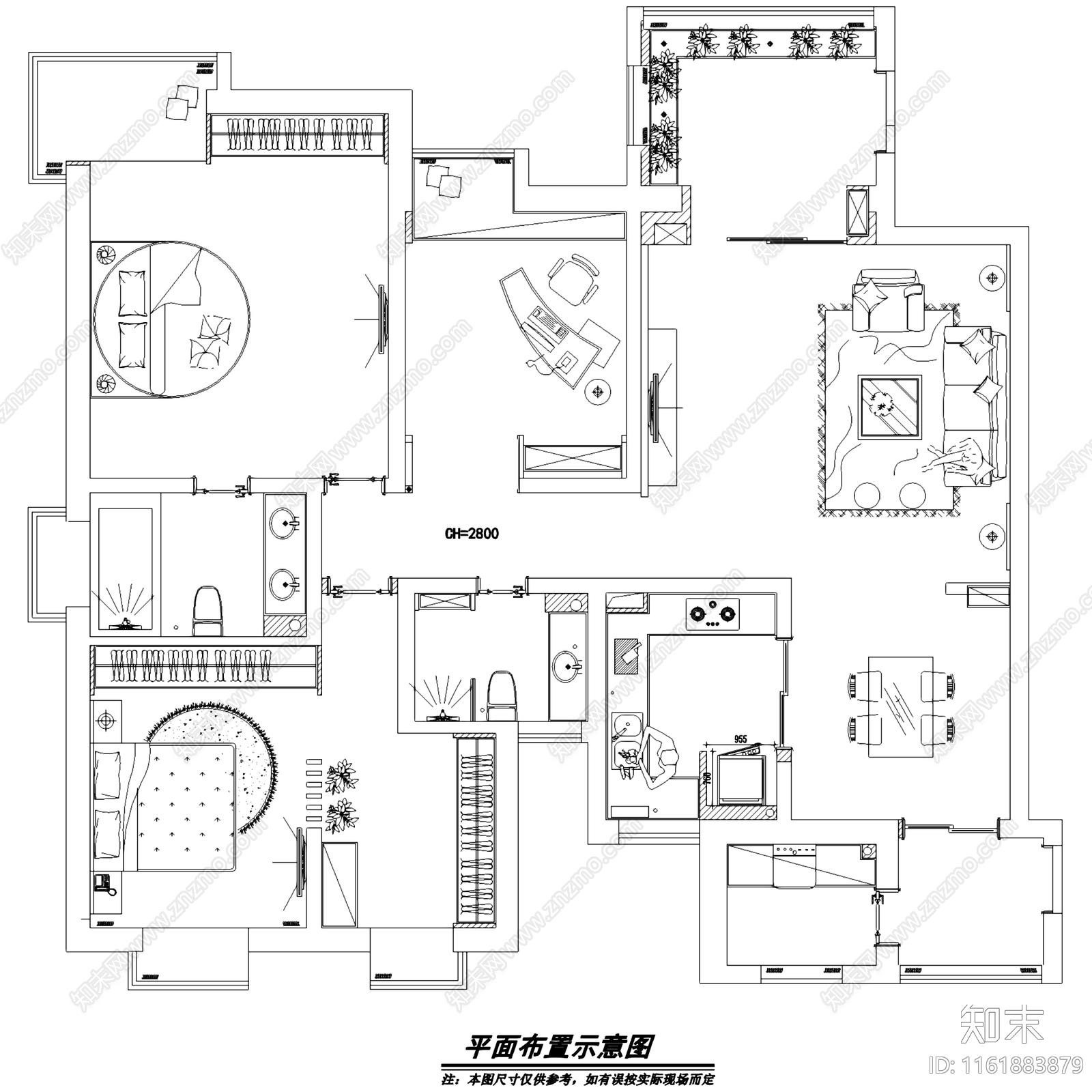 新中式东南亚风西安蔚蓝观园三室两厅两卫室内家装cad施工图下载【ID:1161883879】