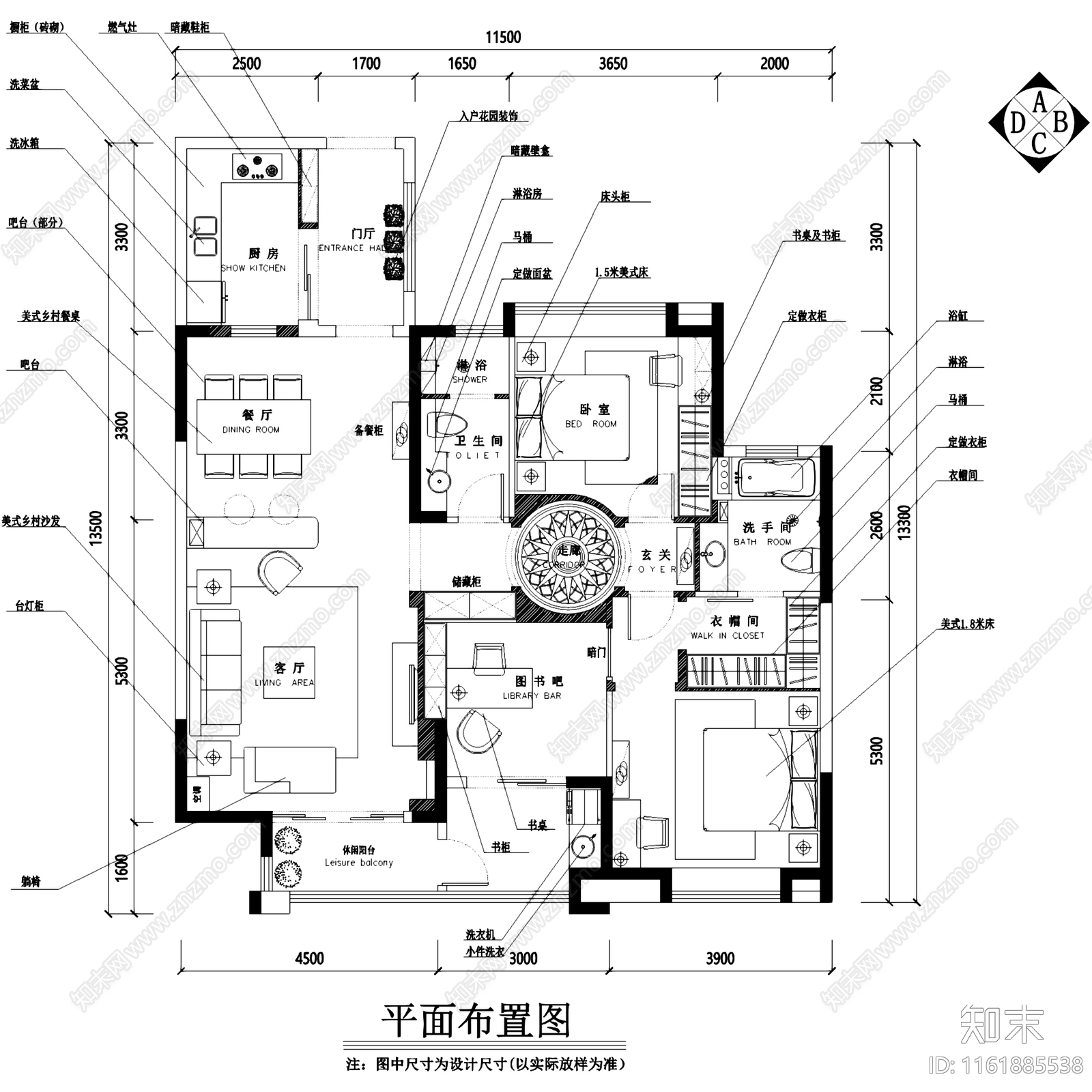 美式乡村刑门私宅三室两厅两卫室内家装cad施工图下载【ID:1161885538】