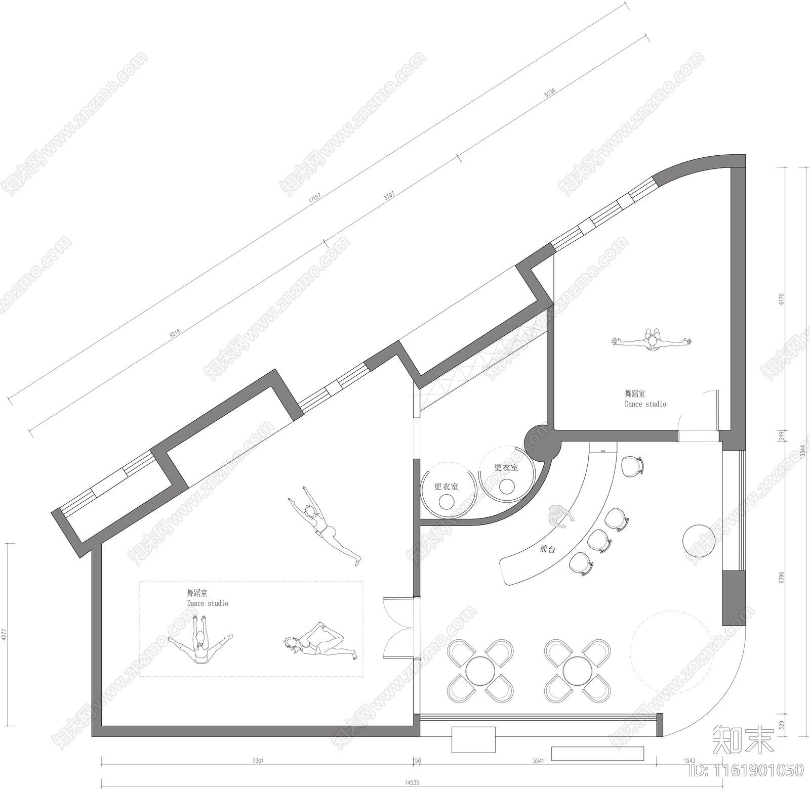 舞蹈室街舞培训室平面图cad施工图下载【ID:1161901050】