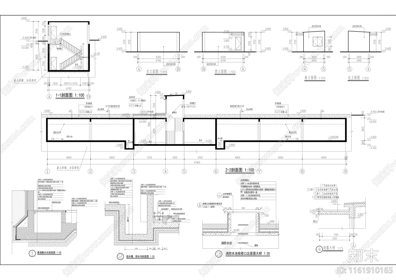 540吨容积地下消防水池和消防泵房建筑图cad施工图下载【ID:1161910165】