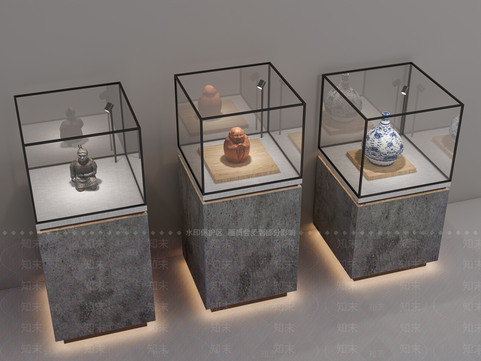 博物馆展厅青瓷器文物独立玻璃展柜3D模型下载【ID:1161916000】