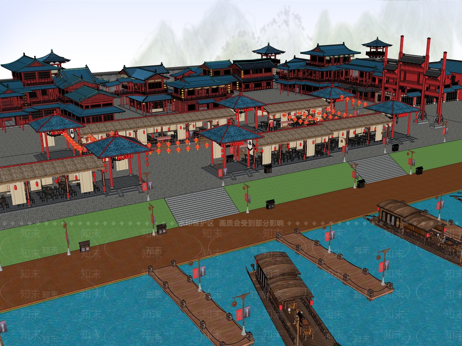 中式滨水仿古商业街唐风集市SU模型下载【ID:1161916335】