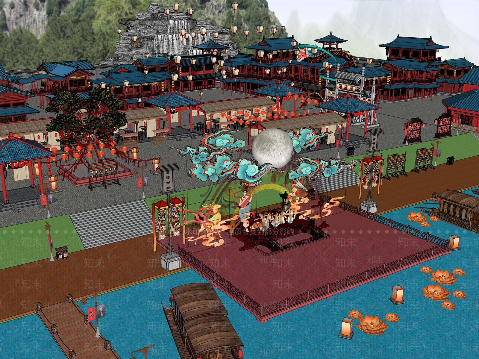 中式古风滨水商业街集市戏台舞台SU模型下载【ID:1161920495】