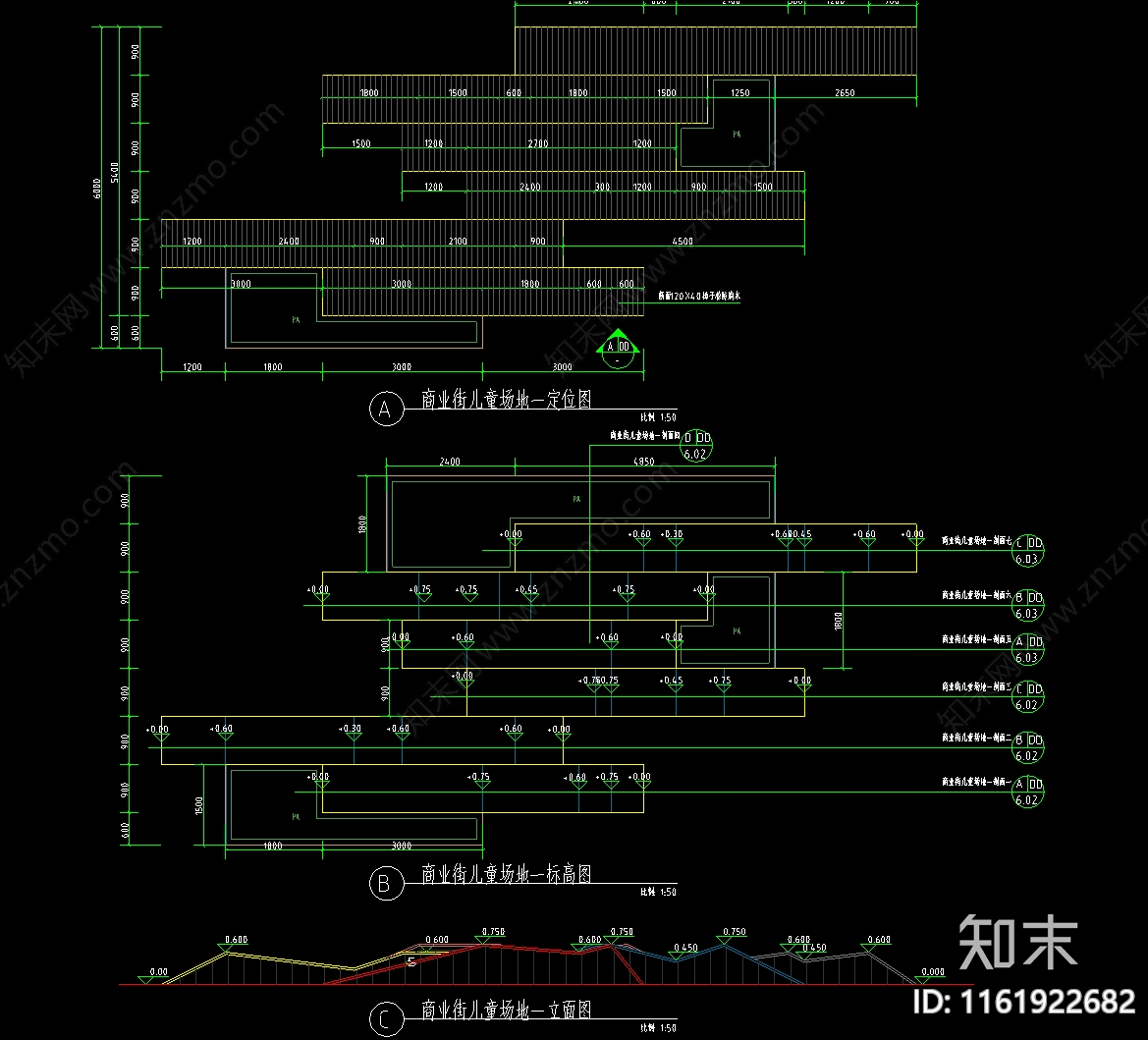 商业街儿童折线艺术攀爬木坡场地cad施工图下载【ID:1161922682】