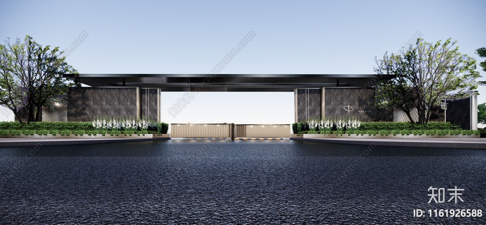 现代万科风格1层社区大门SU模型下载【ID:1161926588】