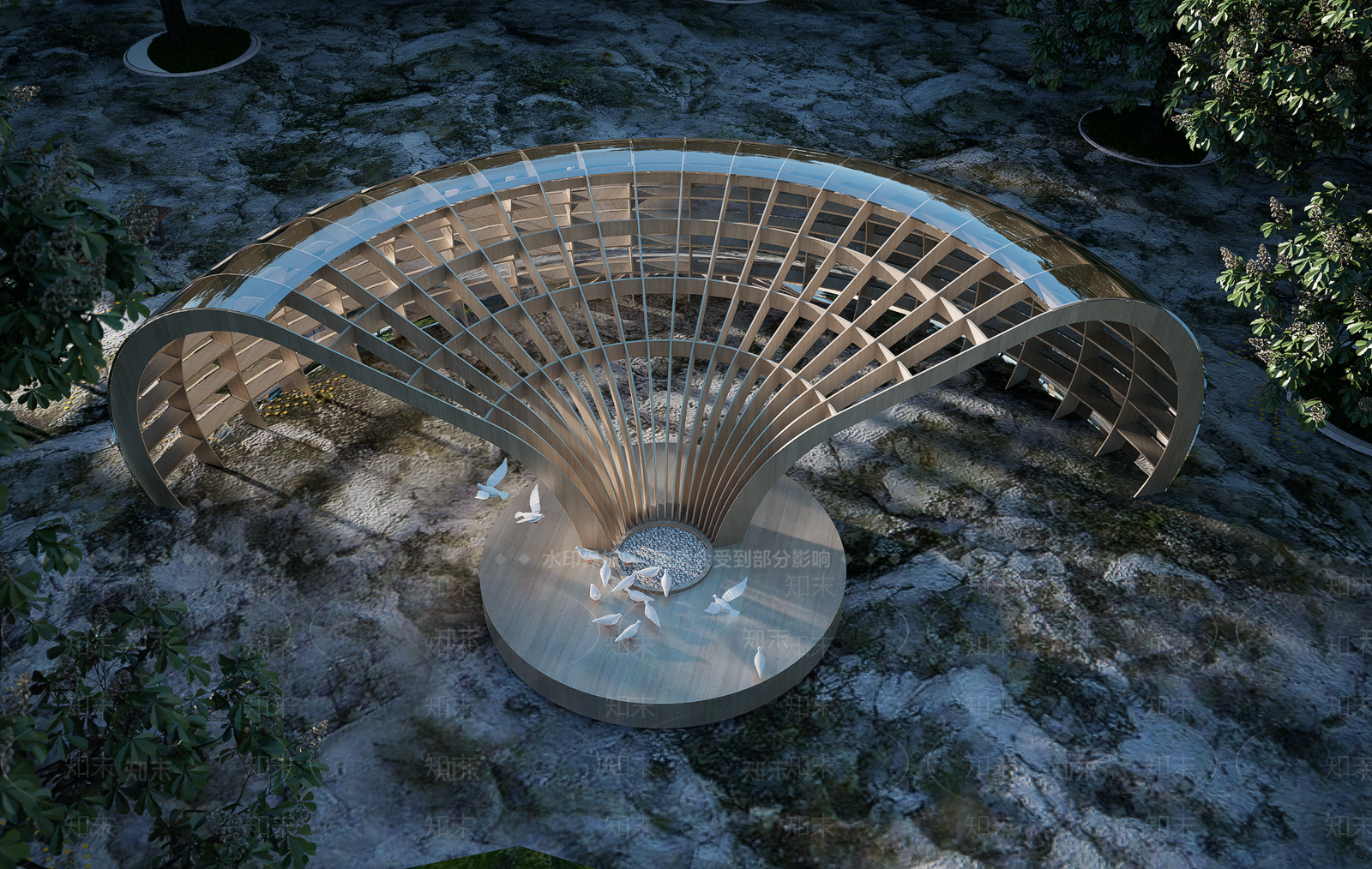 现代弧形拱形玻璃廊架SU模型下载【ID:1161927971】