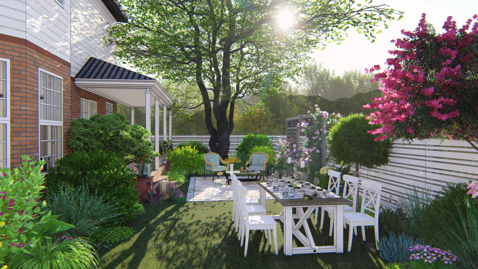 美式田园别墅花园景观花墙户外餐厅SU模型下载【ID:1161951126】