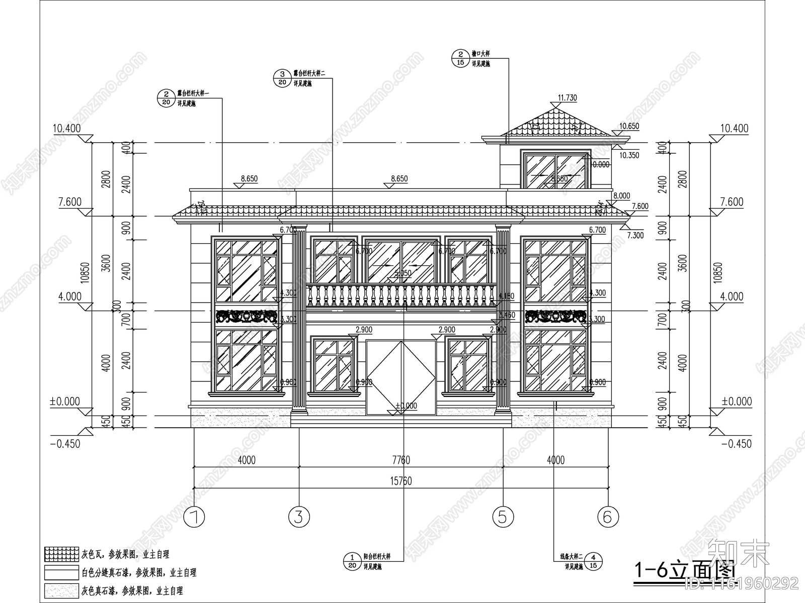 欧式两层独栋别墅建筑cad施工图下载【ID:1161960292】