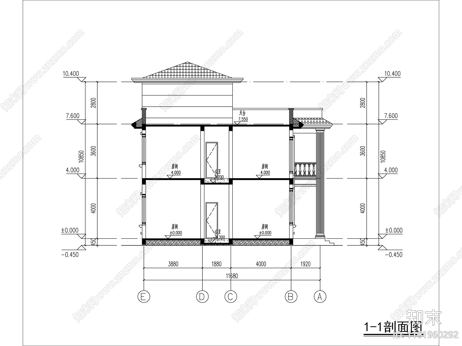 欧式两层独栋别墅建筑cad施工图下载【ID:1161960292】