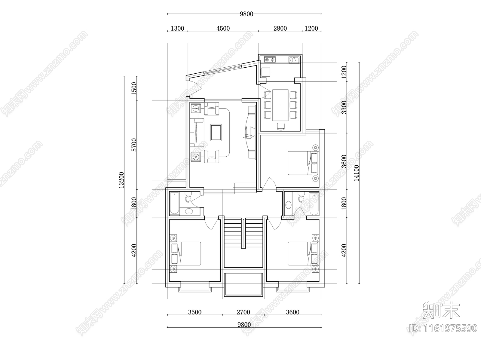 132m²公寓住宅平面设计图纸cad施工图下载【ID:1161975590】