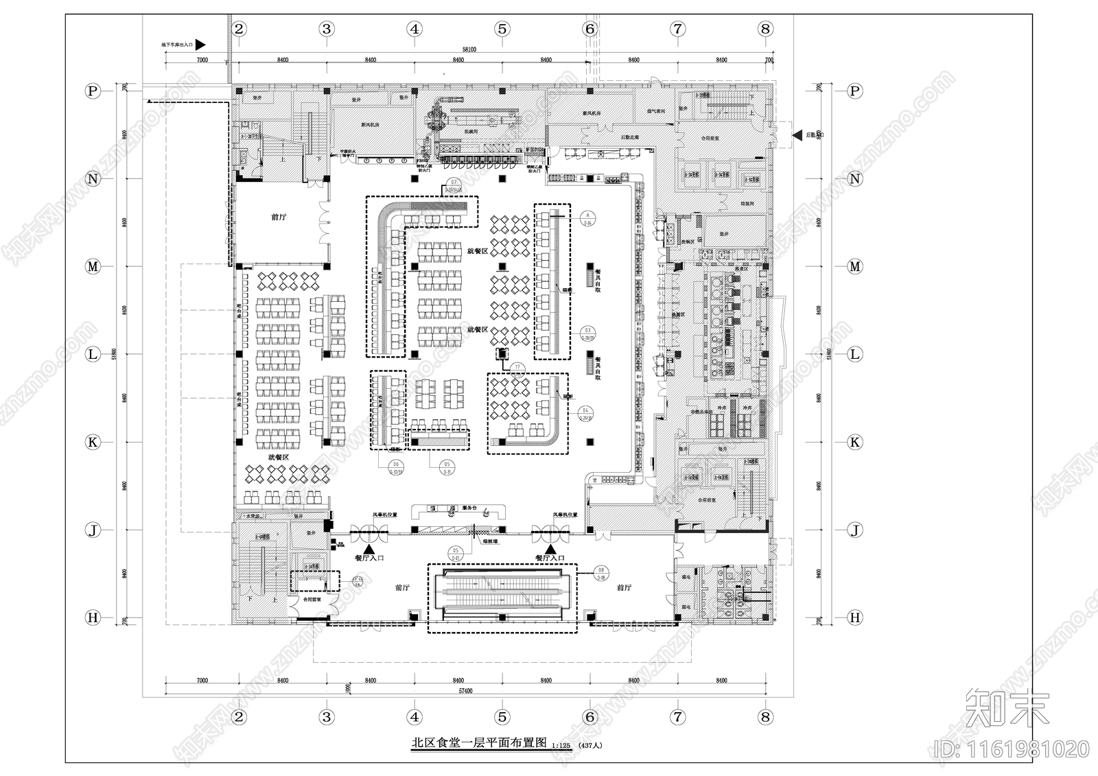 5000平4层大学食堂布局平面图施工图下载【ID:1161981020】