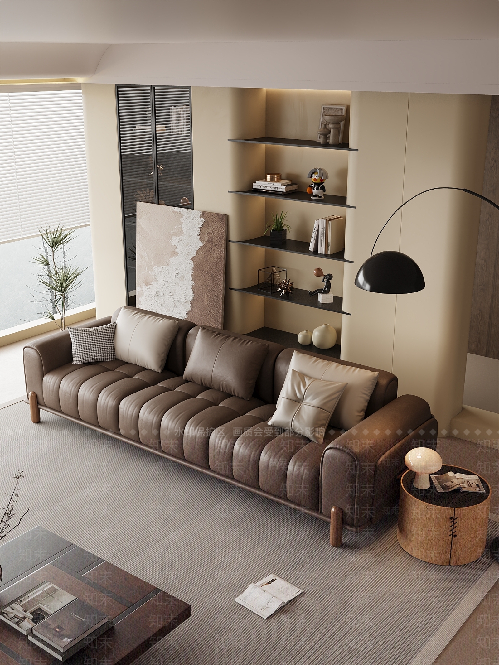 现代中古风三人沙发茶几组合客厅3D模型下载【ID:1161983776】