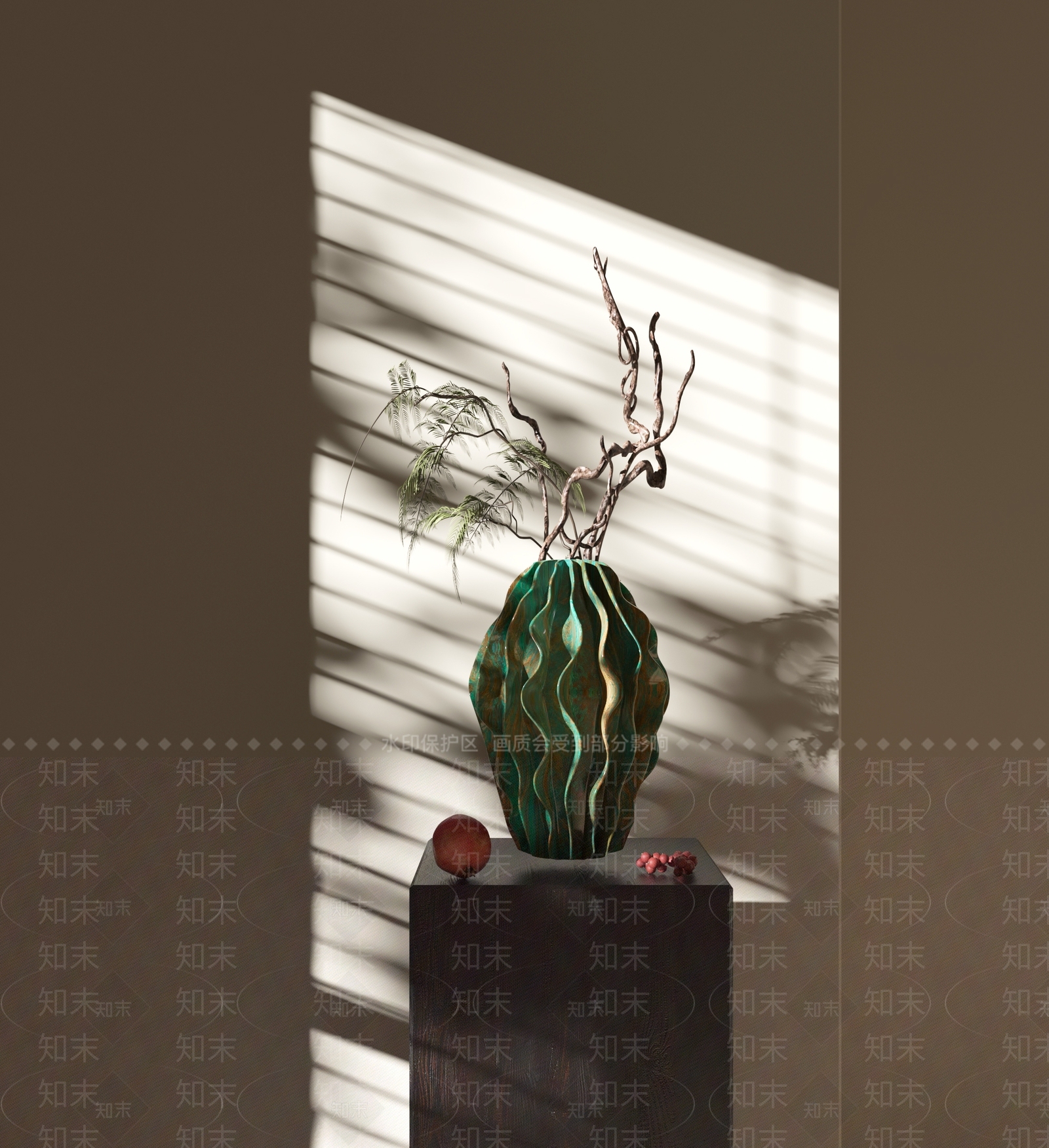 陶瓷新中式青绿捏边波浪大花器3D模型下载【ID:1161984524】