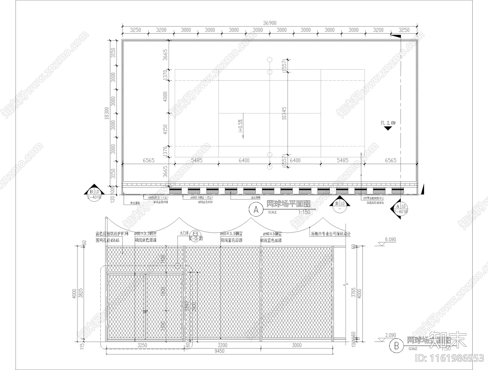 网球场详图cad施工图下载【ID:1161986953】