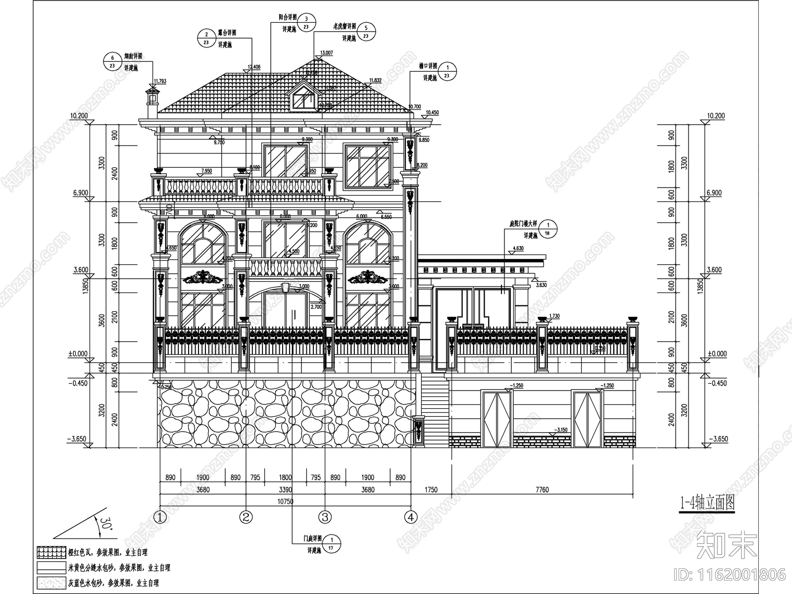 欧式三开间独栋别墅建筑cad施工图下载【ID:1162001806】