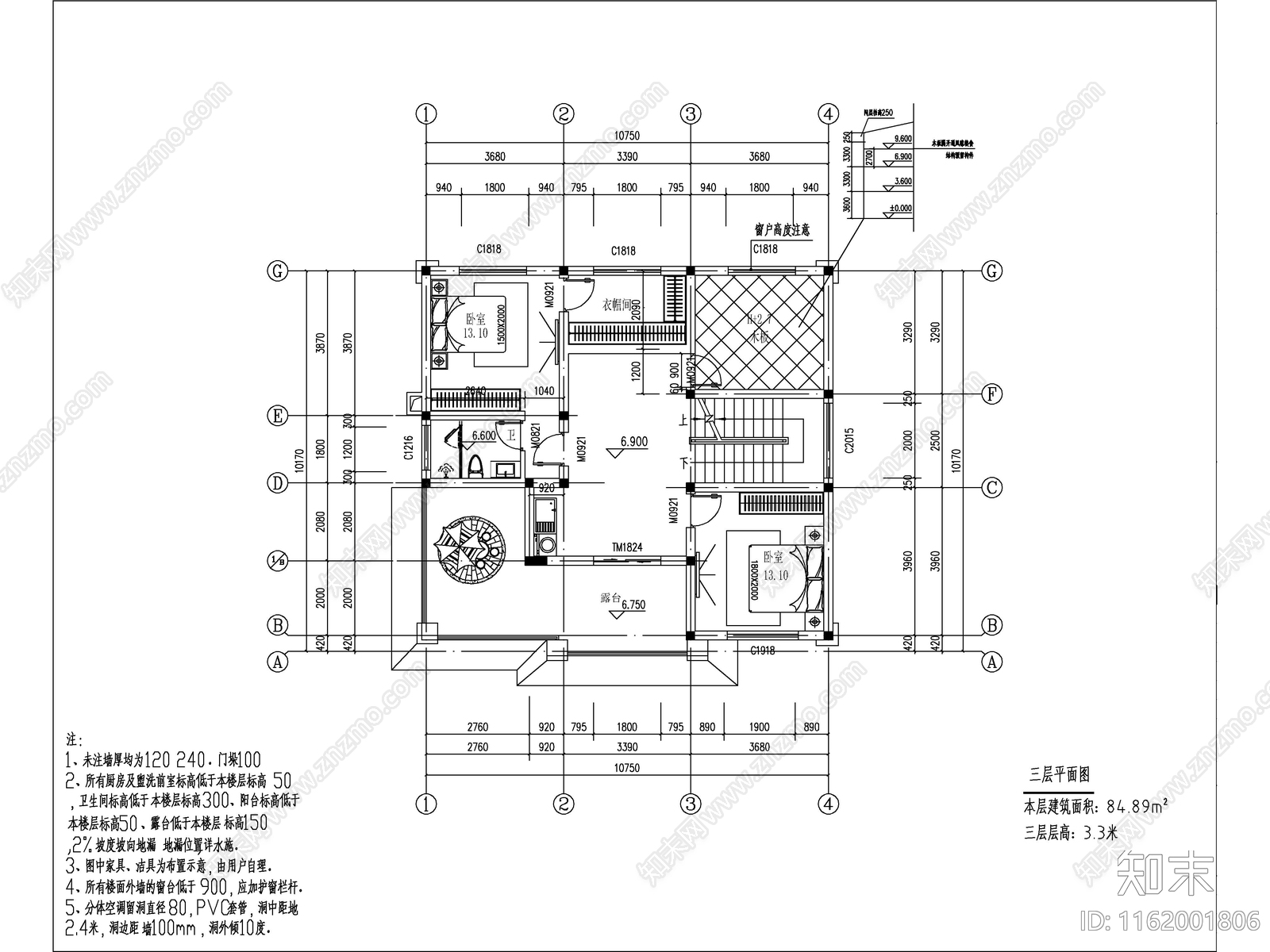 欧式三开间独栋别墅建筑cad施工图下载【ID:1162001806】