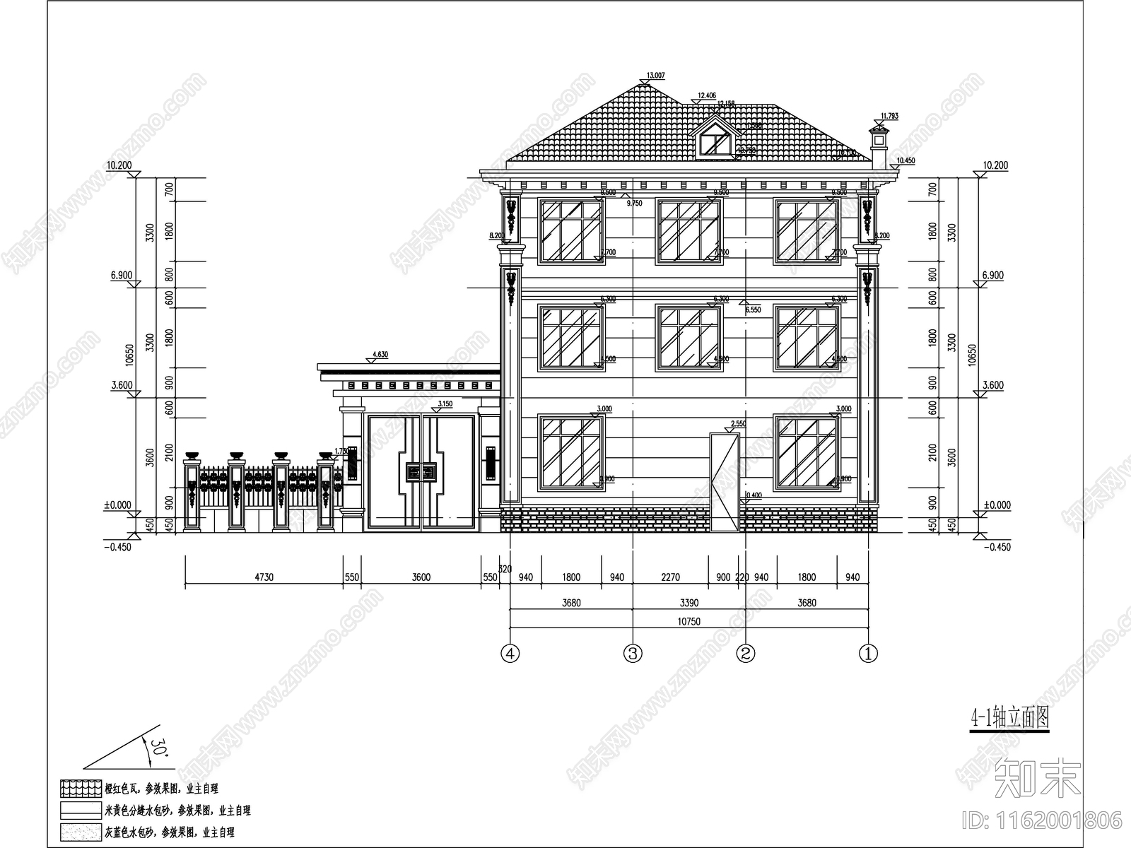 欧式三开间独栋别墅建筑cad施工图下载【ID:1162001806】