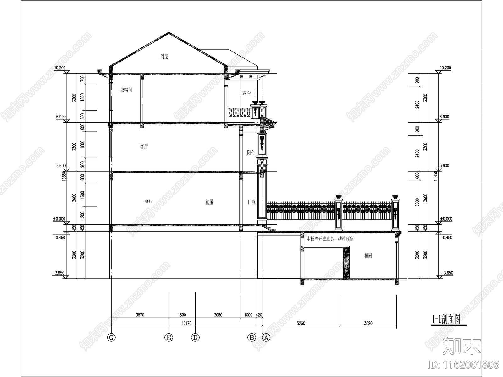 欧式三开间独栋别墅建筑cad施工图下载【ID:1162001806】