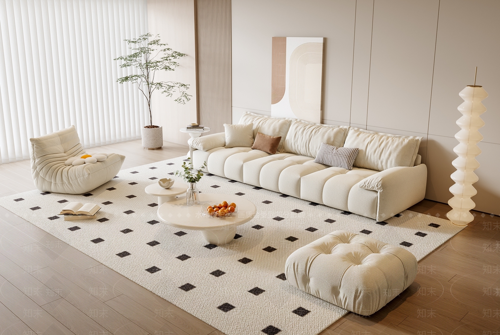 现代奶油风沙发茶几组合3D模型下载【ID:1162005040】