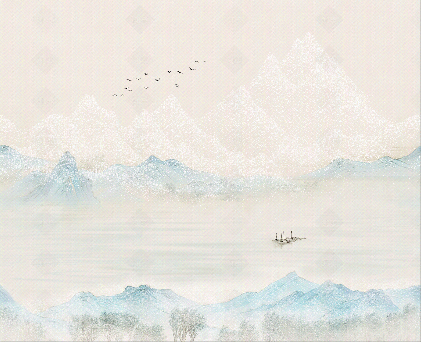 千里江山背景墙壁纸贴图下载【ID:1162008037】