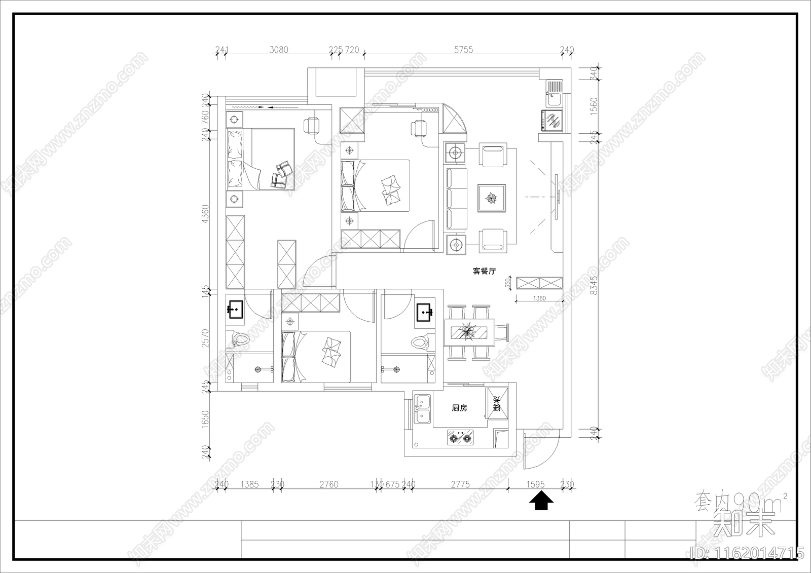 90㎡三房家装平层空间设计CA施工图下载【ID:1162014715】