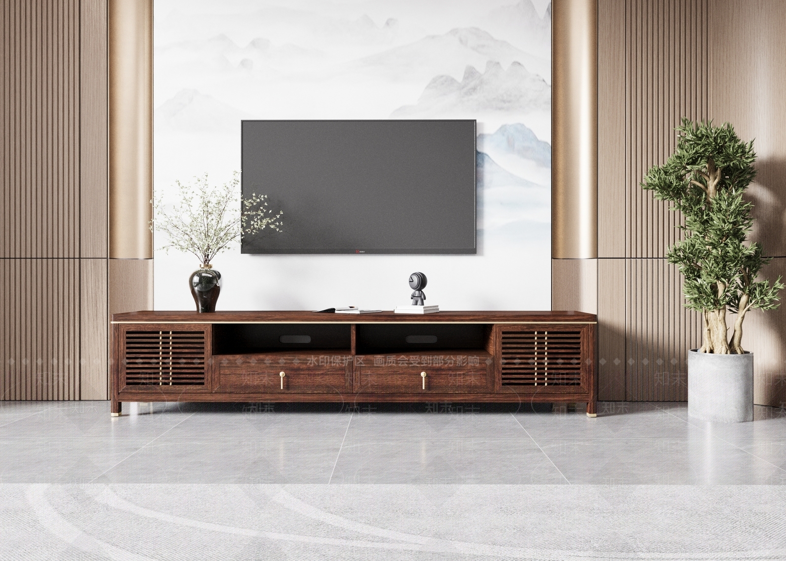 新中式电视柜绿植电视背景墙3D模型下载【ID:1162018914】