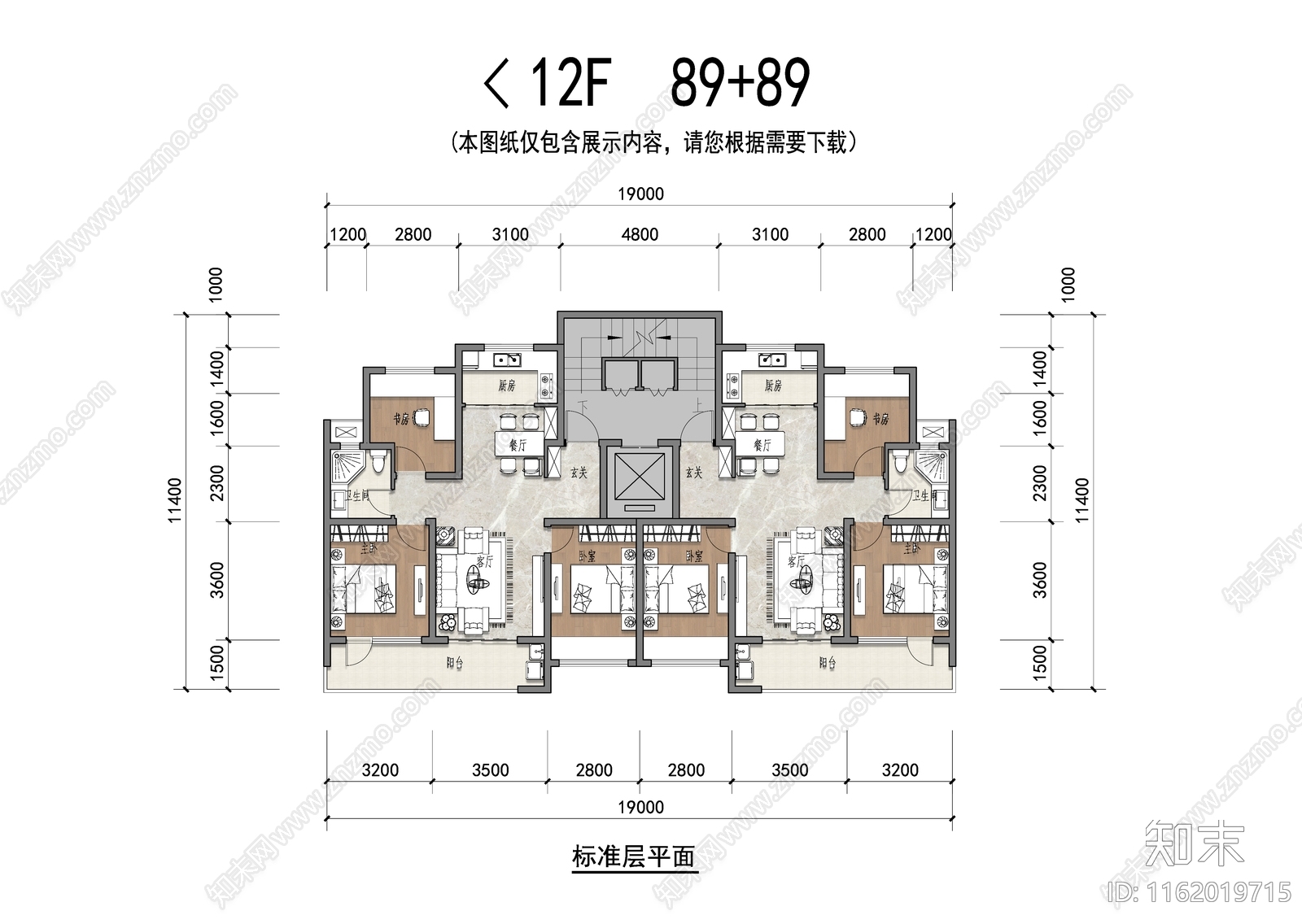 洋房89平T2户型平面施工图下载【ID:1162019715】