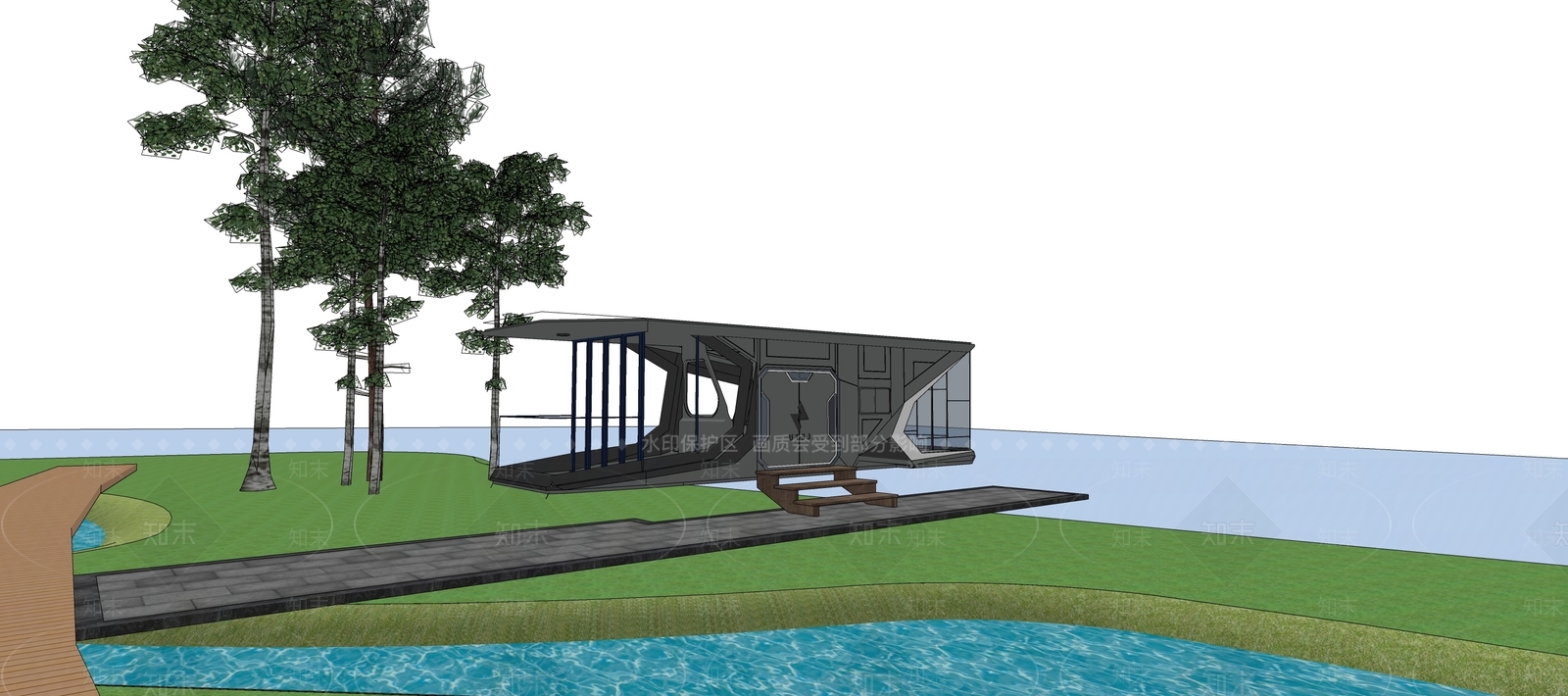 现代滨河亲水民宿SU模型下载【ID:1162034387】