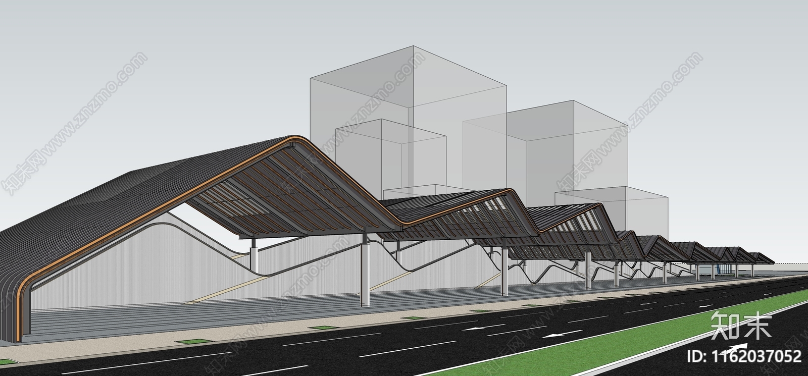 现代景区风雨候车廊SU模型下载【ID:1162037052】